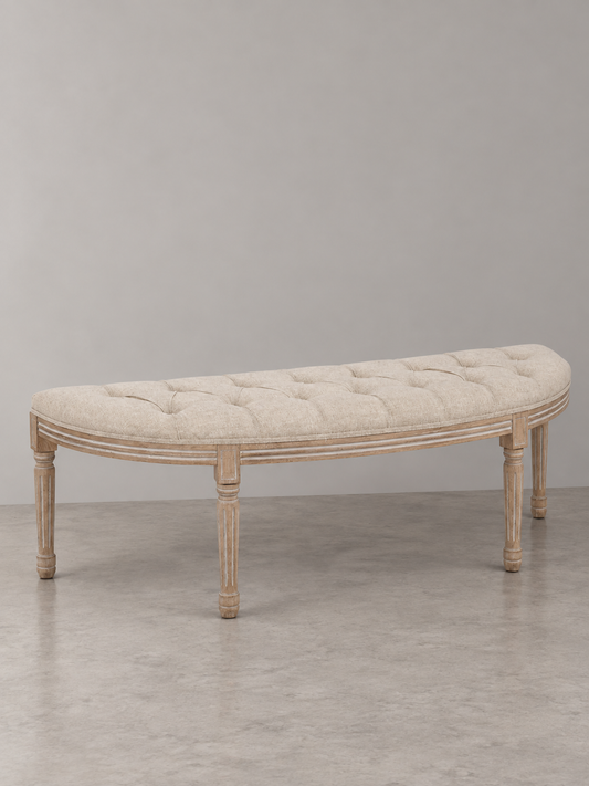 Cui Liu Hampton Natural Linen Hand Tufted Bench with Natural Reclaimed Carved Wood Legs French Antique Inspired Farm House End of Bed Entry Way Bench