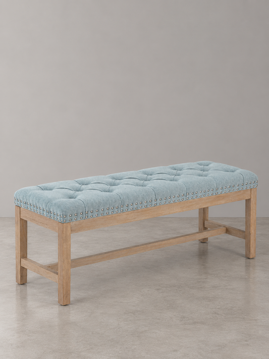 Cui Liu Province Linen Tufted Upholstered Bench Distressed Wood Legs with Nailhead Traditional Coastal Contemporary 46" Long