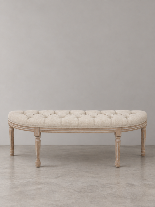 Cui Liu Hampton Natural Linen Hand Tufted Bench with Natural Reclaimed Carved Wood Legs French Antique Inspired Farm House End of Bed Entry Way Bench