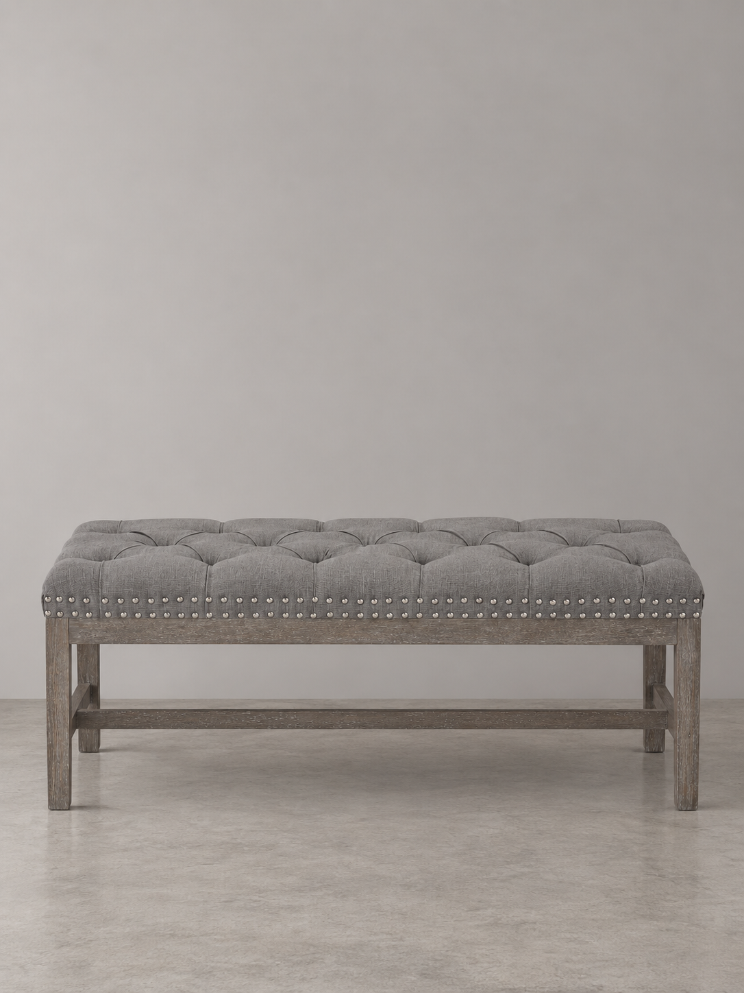 Cui Liu Province Linen Tufted Upholstered Bench Distressed Wood Legs with Nailhead Traditional Coastal Contemporary 46" Long