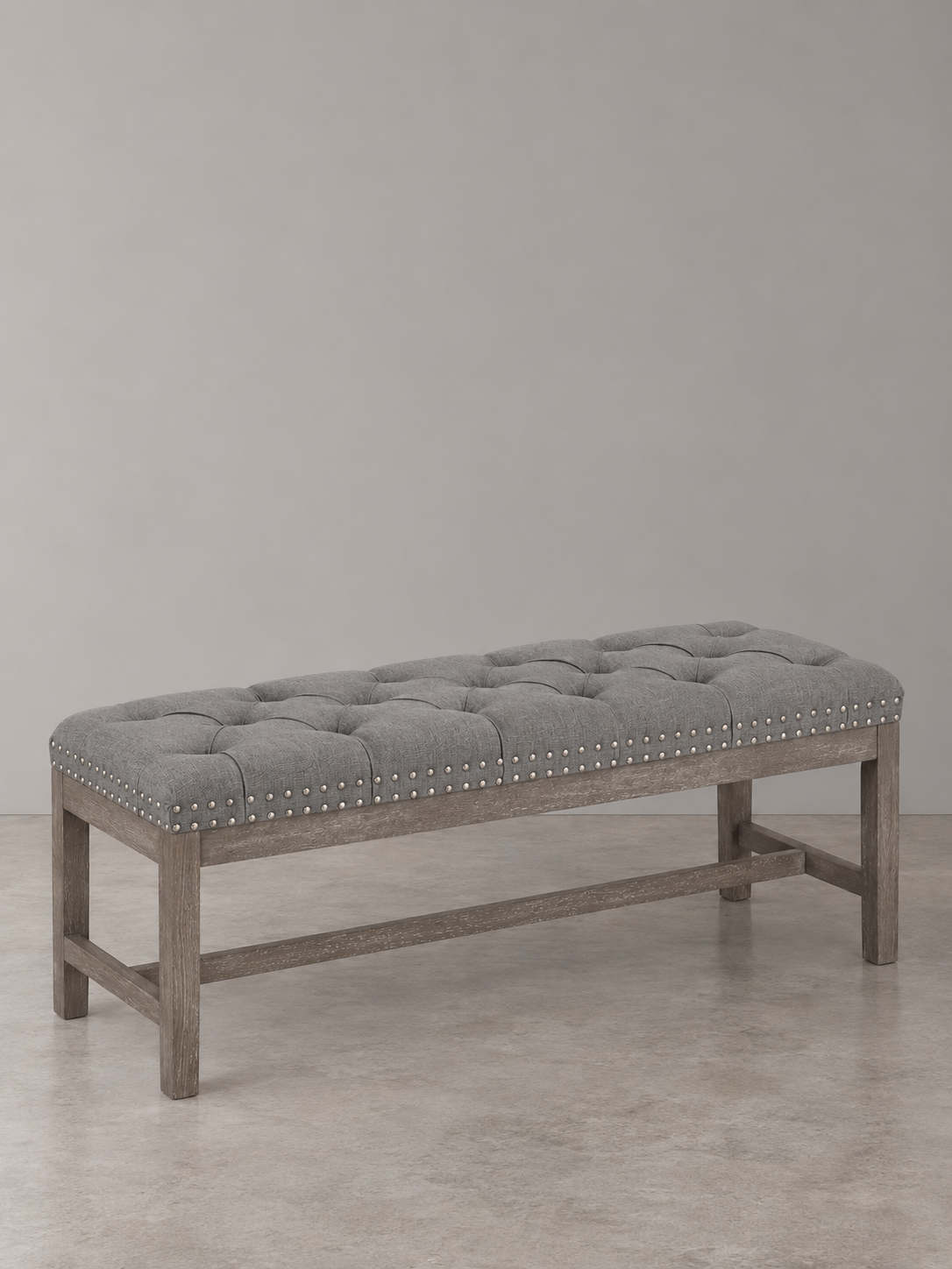 Cui Liu Province Linen Tufted Upholstered Bench Distressed Wood Legs with Nailhead Traditional Coastal Contemporary 46" Long