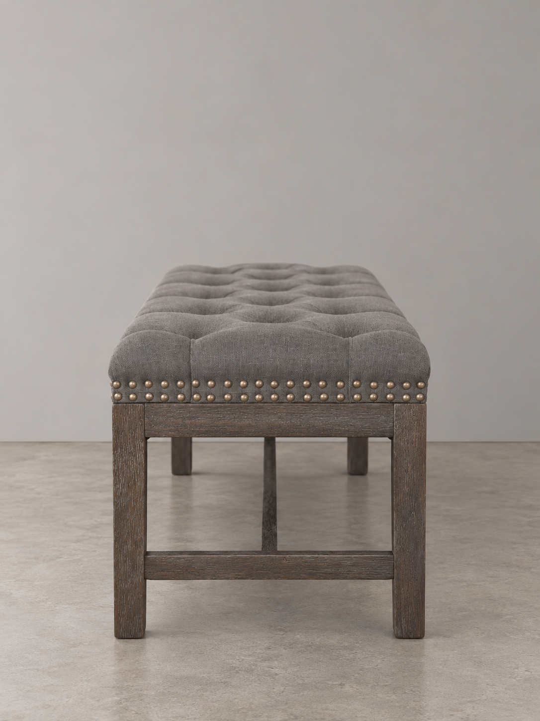 Cui Liu Province Linen Tufted Upholstered Bench Distressed Wood Legs with Nailhead Traditional Coastal Contemporary 46" Long