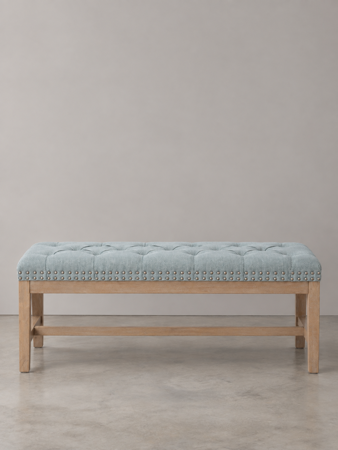 Cui Liu Province Linen Tufted Upholstered Bench Distressed Wood Legs with Nailhead Traditional Coastal Contemporary 46" Long