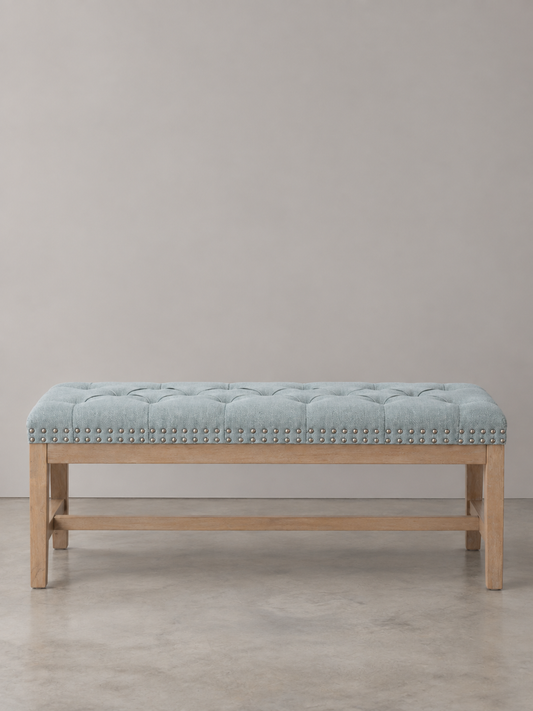 Cui Liu Province Linen Tufted Upholstered Bench Distressed Wood Legs with Nailhead Traditional Coastal Contemporary 46" Long