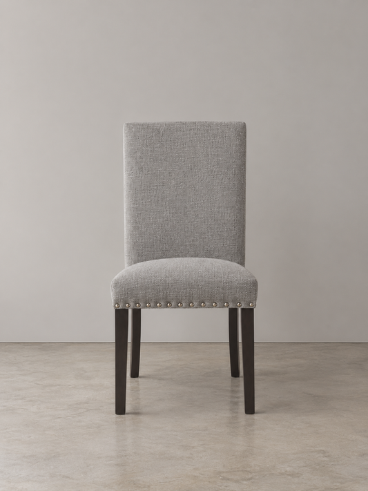 Cui Liu Owen Upholstered Dining Chair in Grey Linen with Black Wooden Leg and Shiny Silver Nailhead (Set of 2)