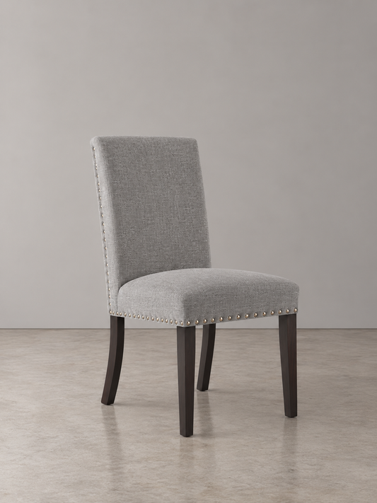 Cui Liu Owen Upholstered Dining Chair in Grey Linen with Black Wooden Leg and Shiny Silver Nailhead (Set of 2)