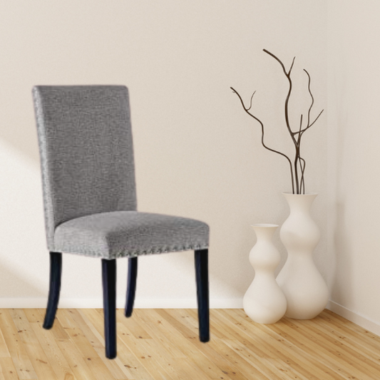 Cui Liu Owen Upholstered Dining Chair in Grey Linen with Black Wooden Leg and Shiny Silver Nailhead (Set of 2)