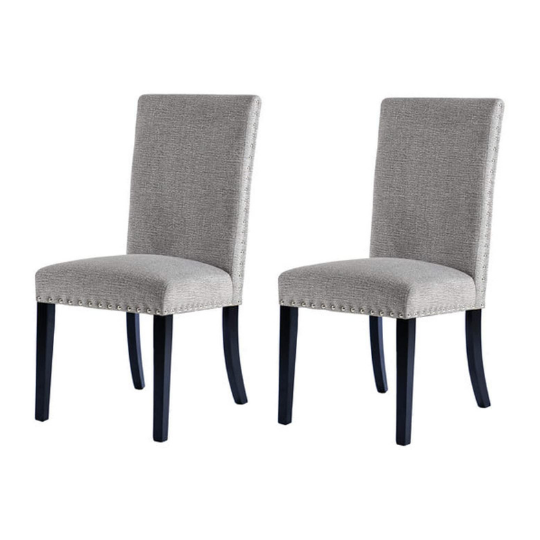 Cui Liu Owen Upholstered Dining Chair in Grey Linen with Black Wooden Leg and Shiny Silver Nailhead (Set of 2)